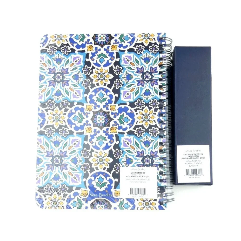 Vera Bradley Lisbon Medallion Cool Mini Spiral Notebook & Ball Point Pen Set NWT